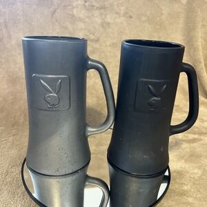 2pc Playboy Frosted Charcoal Black/Gray Glass Beer Mug 6.25 Inches Tall